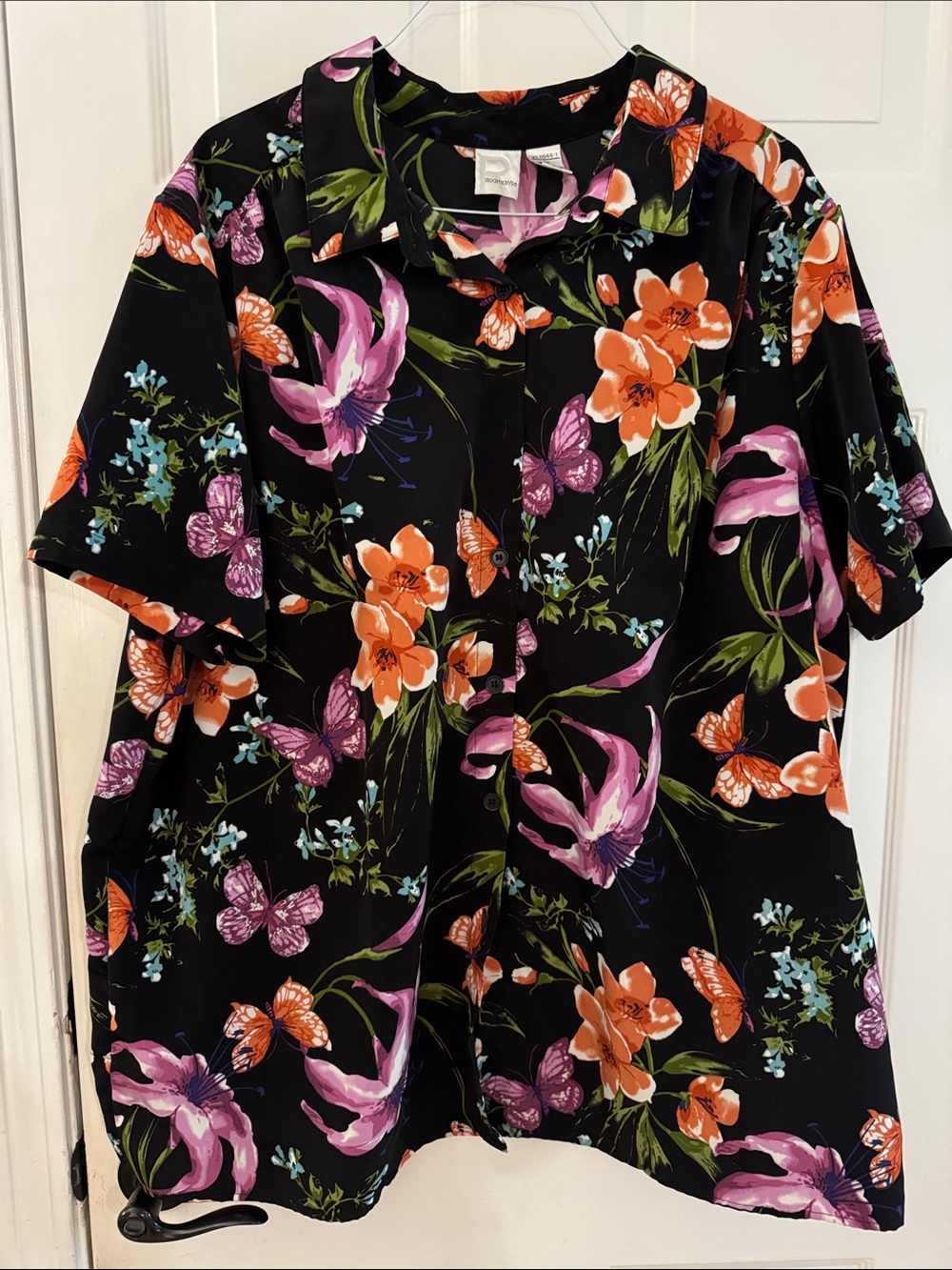 Roaman's Black Button-front short sleeve with Orange & Purple Floral Print Sz 3X